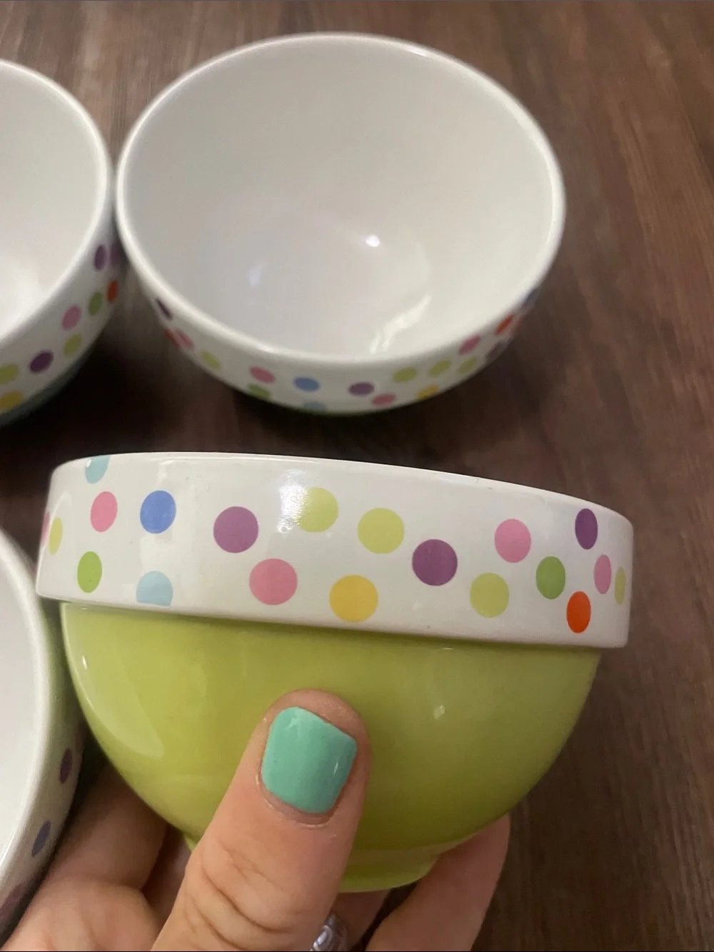 Crate&Barrel Pastel Blue and Lime Green Polka Dot Ceramic Bowls,4!EXCELLENT